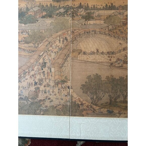 4 Panel Byobu Japanese Folding Mini Screen Village River Bridge Scene 21” X 14” - Picture 4 of 14